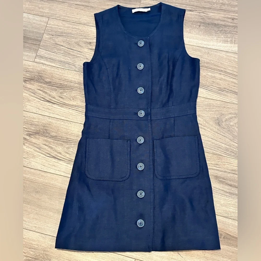 NWOT Tory Burch Navy Button-Front Linen Shift Dress Size 0